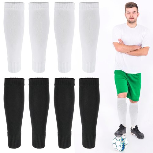 4 Pairs Pre Cut Soccer Socks Wear-Resistant Shin Guard Sleeves Elastic Leg Sleeves for Soccer for Men and Women(White,Black)