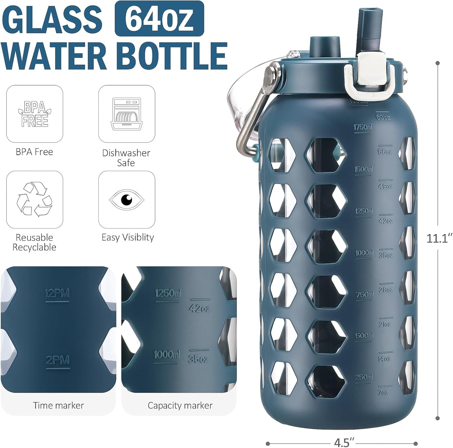 MUKOKO 64oz Glass Water Bottle - Half Gallon with Straw, Time Marker & Silicone Sleeve | Blue