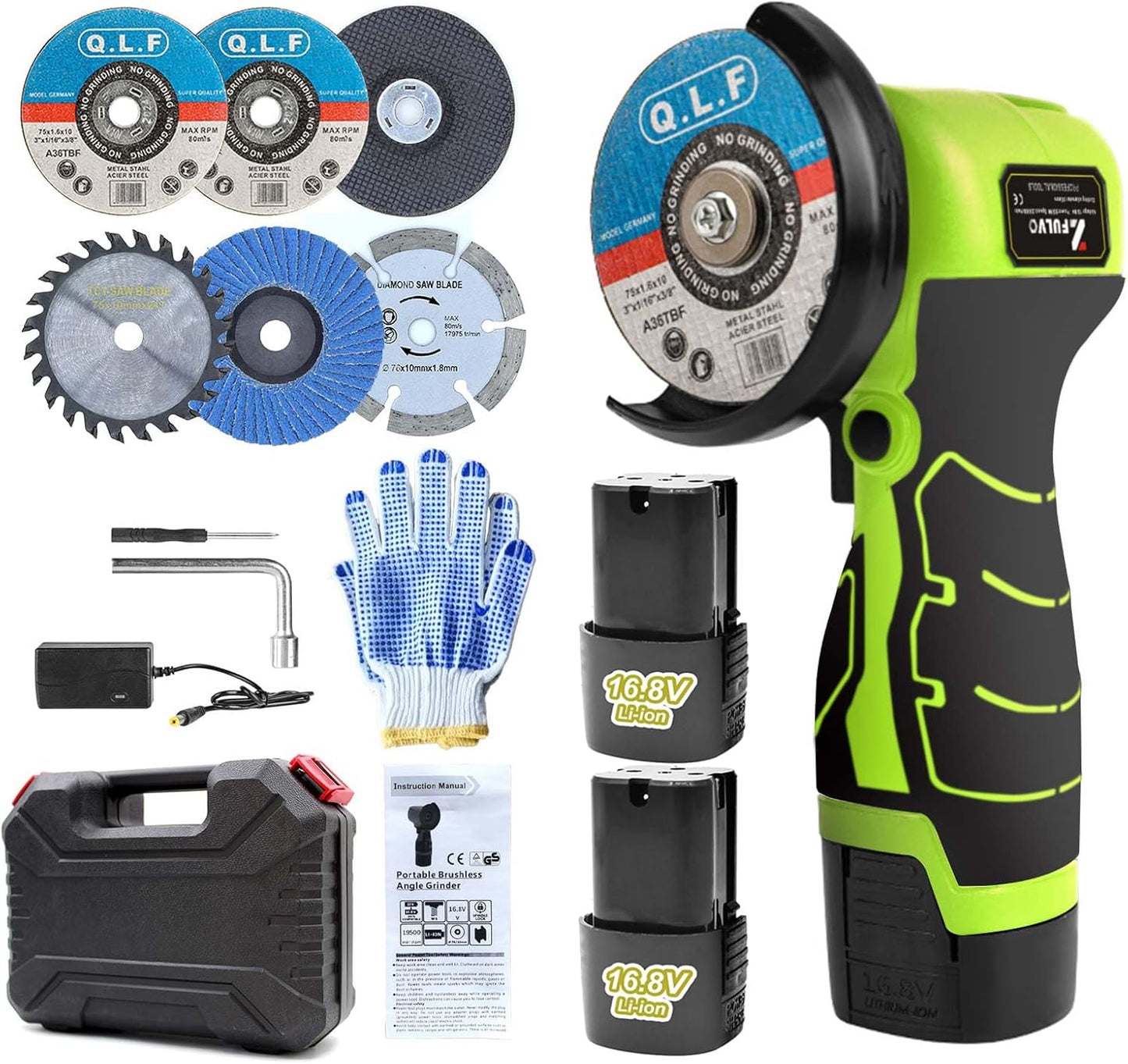 Mini Cordless Angle Grinder Kit - 19500 RPM Electric Tool with 2 Batteries & 5 Cutting Discs for Metal & Wood