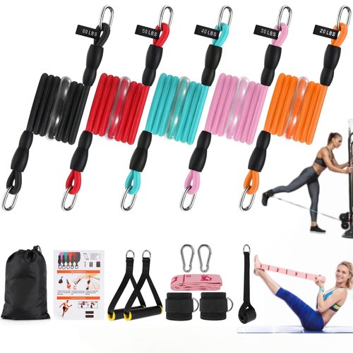 Latex Resistance Bands Set, 20-60 lbs (5 Tubes) with Handles, Odor-Free & Ankle Straps & Door Anchor - Premium Fitness Bands for Home Gym, Strength Training, Physical Therapy