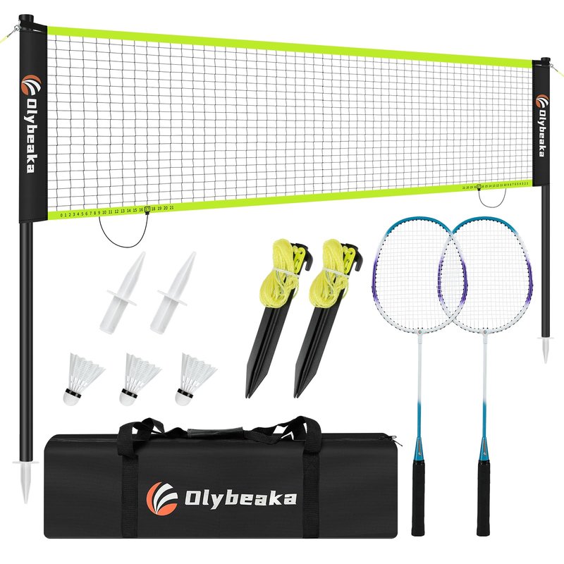 12ft Badminton Net Set for Backyard Beach with Durable Anti-Sagging Net, Heavy Duty Poles, 2 Aluminum Badminton Rackets, 3 Shuttlecocks, Carry Bag - Easy Setup & High Stable (Black and Green, 12ft)