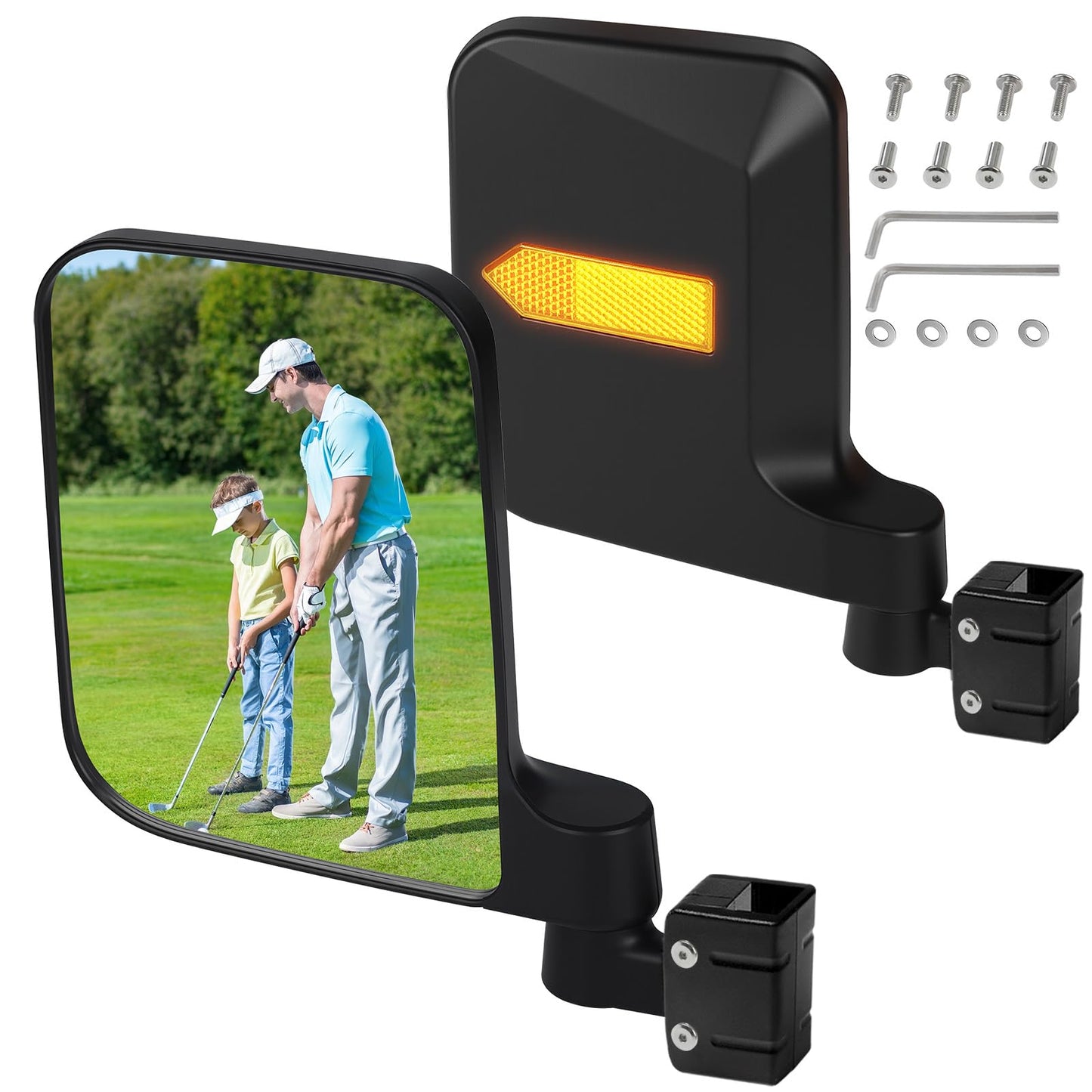 No Drilling Golf Cart Side Mirrors with Built-In Reflector, Universal Rear View Mirrors for 0.75"/1"/1.25" Square Strut Fits Ezgo,Club car,Yamaha Cart with 180 Degree Rotation HD Glass