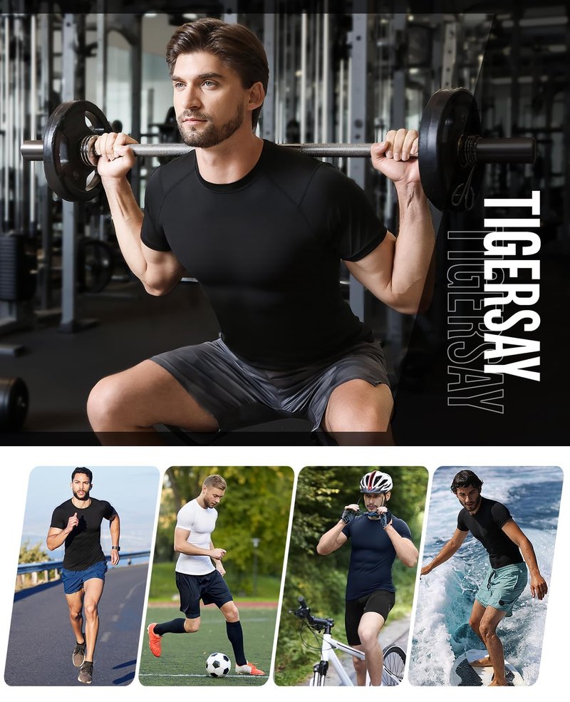 Tigersay Men's Compression Shirts, Short Sleeve T-Shirt Athletic Compression Tops Workout Sports Base Layer Undershirt