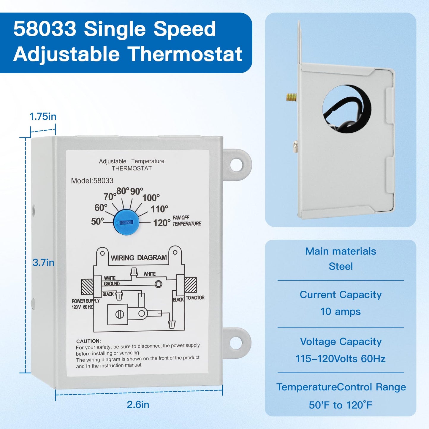 58033 Single Speed Adjustable Thermostat for Lomanco Lomancool 2000/1800 Series and F0510B2944, 9800527, 99080267 Power Vent Attic Fan, Temperature Control Range 50°F-120°F (10°C-48.89°C)