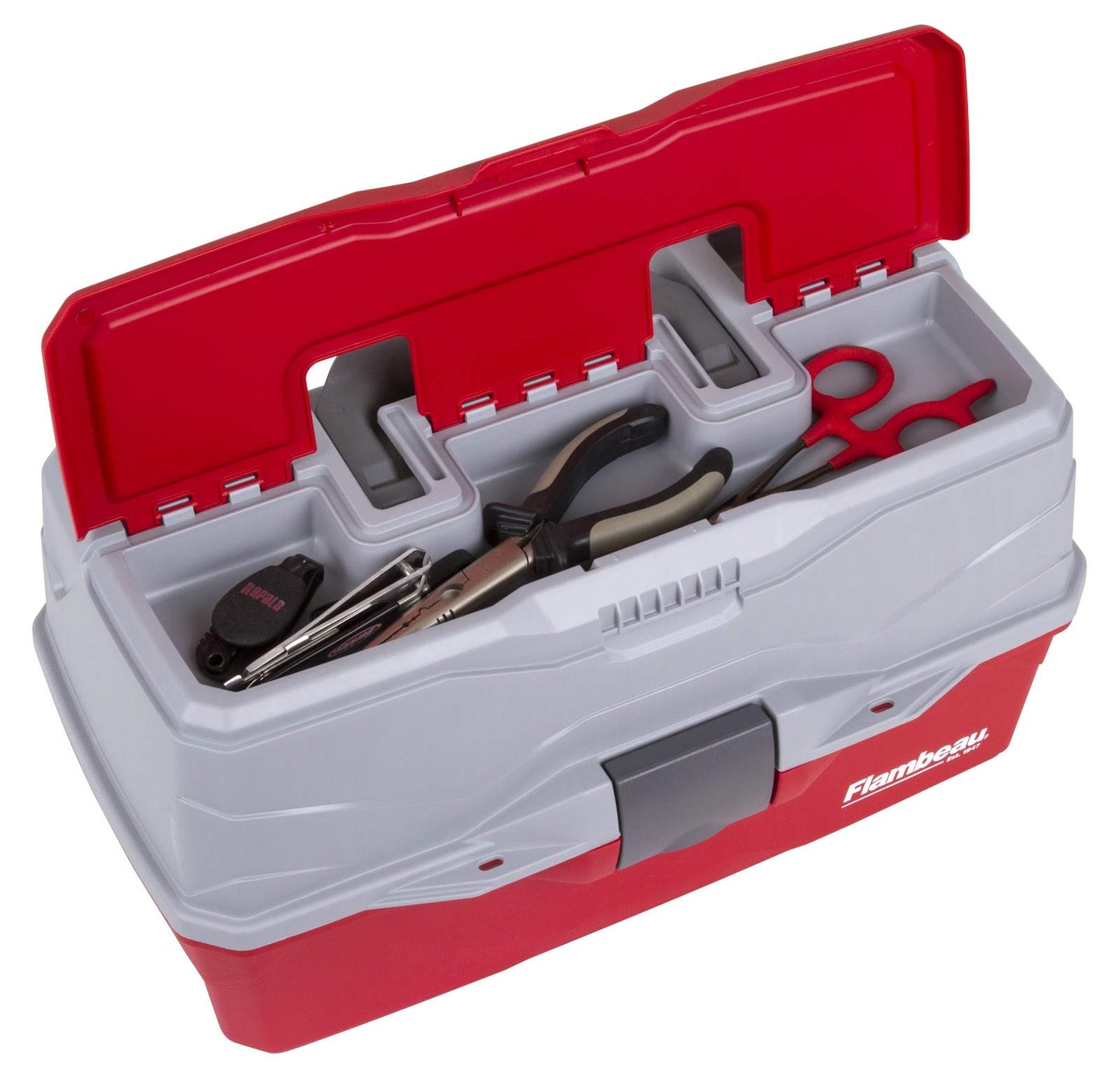 Flambeau Outdoors 6383TB 3-Tray Tackle Box - Classic Fishing Lure Storage Organizer, Large Portable Tackle Box, 32 Tray Compartments, Red/Gray