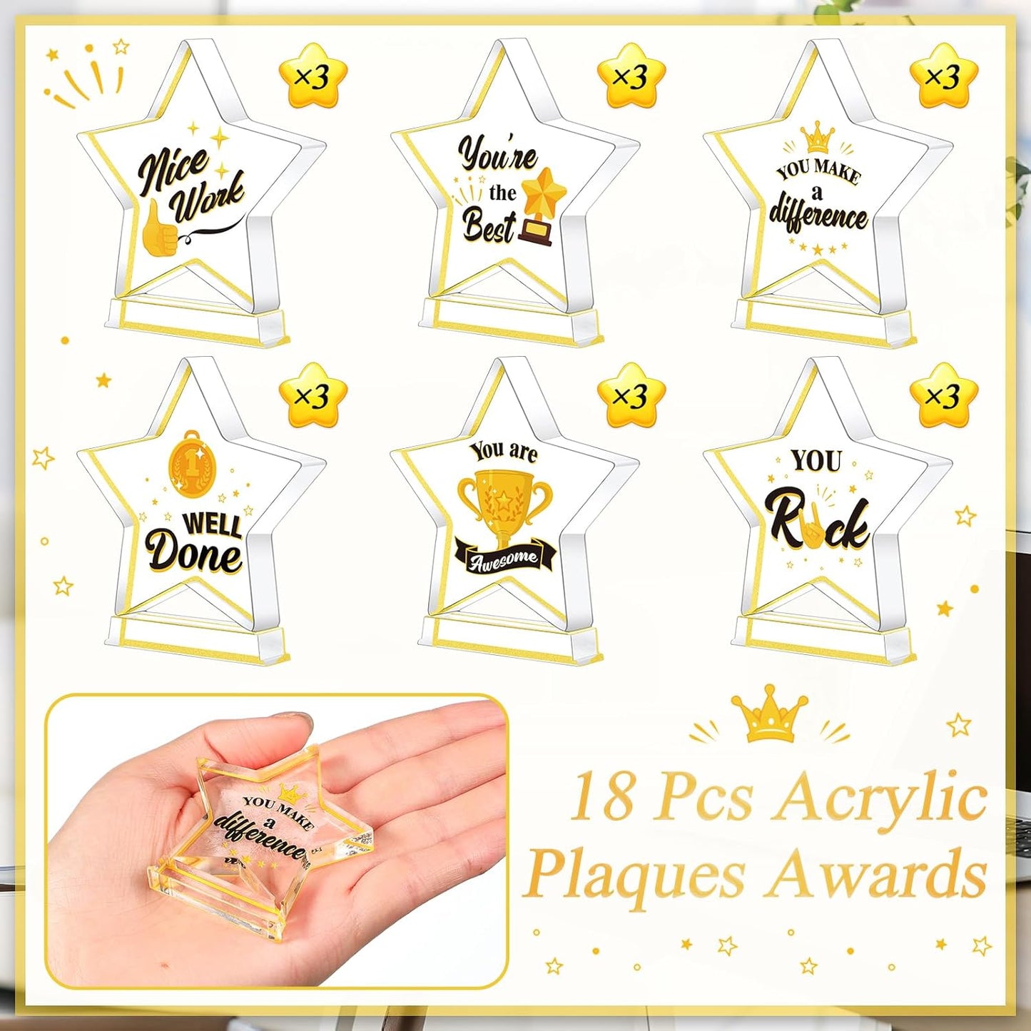 Treela 6 Pcs Acrylic Employee Appreciation Awards - Gold Trophies for Office & Classroom Recognition
