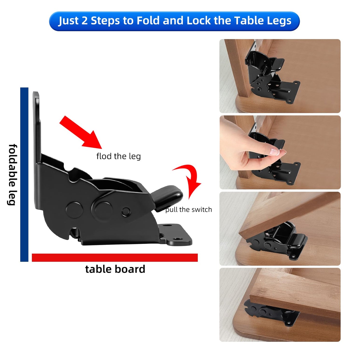 YDAJIURI Folding Brackets 4 Pack, Heavy-Duty Self-Locking Hinges with Screws, Foldable Lock Extension Support Brackets for Table Legs, Bed Legs, Workbenches – Black