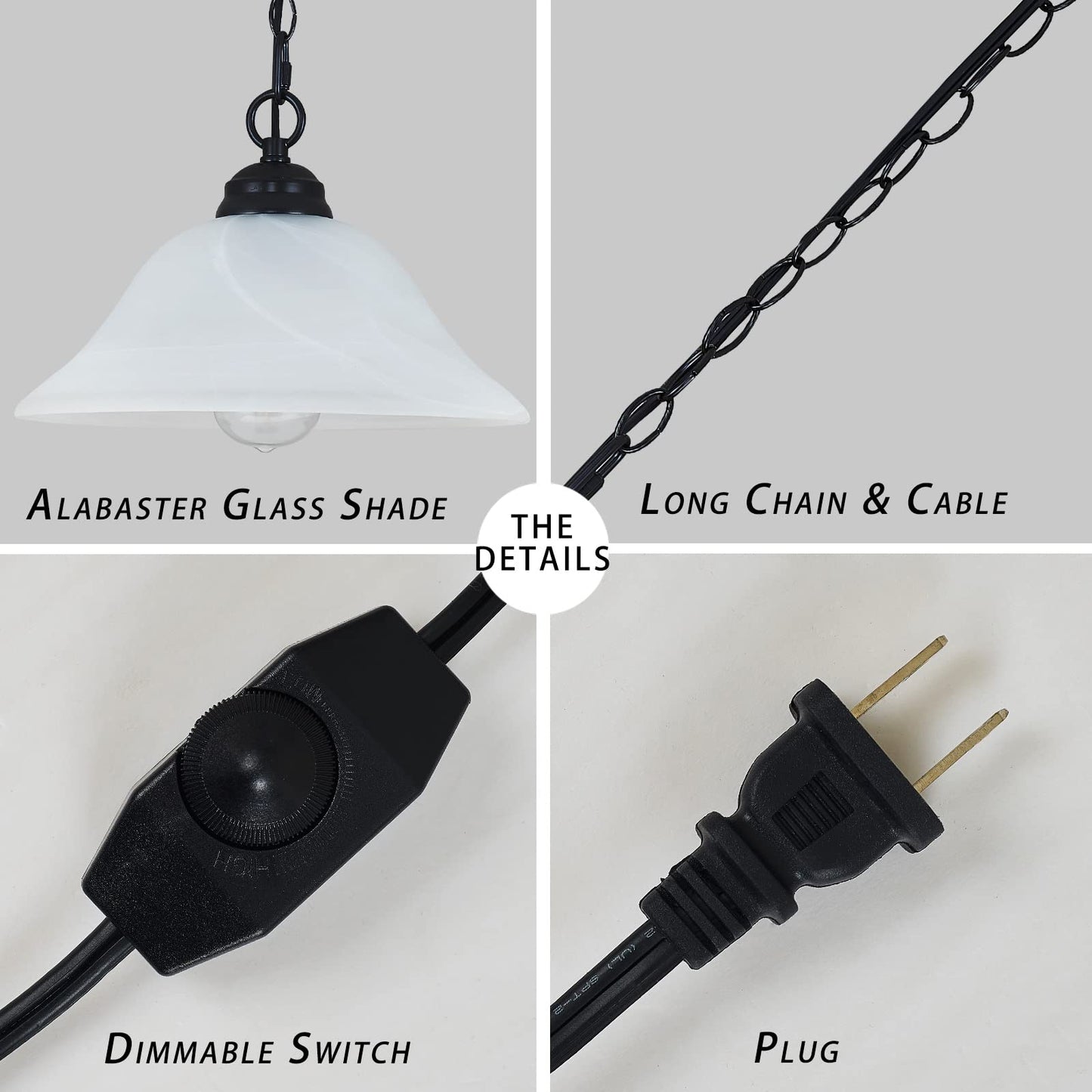 SHENGQINGTOP Plug in Pendant Light Alabaster Glass Shade 15.7" D Hanging Lamp with On/Off Switch,16.4Ft Cord & 14.7Ft Chain Dimmable Black Swag Light Fixture for Kitchen Sink Bar Nook