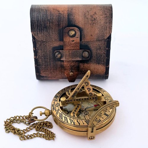 Handcrafted Vintage Brass Sundial Compass – Antique Nautical Sun Clock with Leather Case – Engraved Collectible Gift for Him – Ideal for Thanksgiving, Christmas, Holiday,