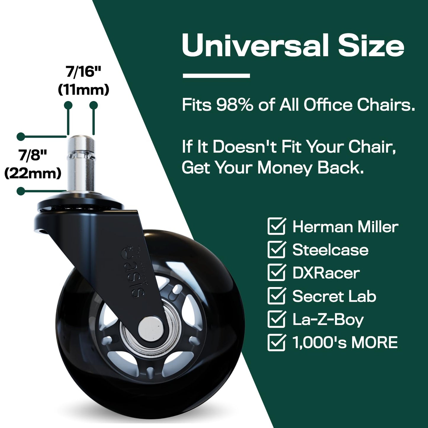 Original Rollerblade Office Chair Wheels - Smooth, Quiet Casters for Hardwood & Carpet - Easy Universal Fit - Set of 5