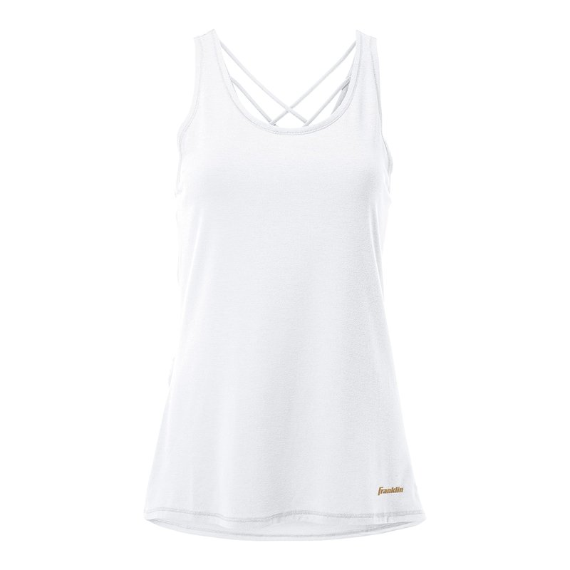 Franklin Sports Women's Sports Tank Top - White Athletic Lattice Back Tank Top for Pickleball, Tennis, Golf + Other Sports - Comfortable Relaxed Fit Spandex Blend - Women's Large - White