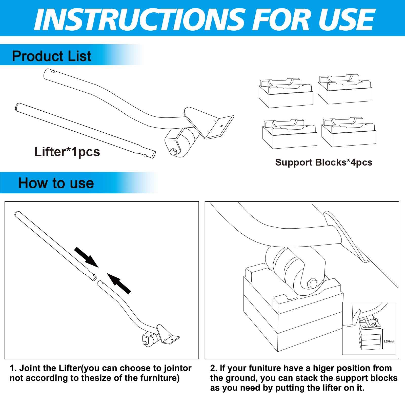 Furniture Lifter Tool, Appliance Furniture Metal Lifters for Heavy Furniture Movers Sliders Wheels Easily Safe to Move Sofa Refrigerator Washing Machine (1 Lifter Tool 4 Raise Blocks) Grey