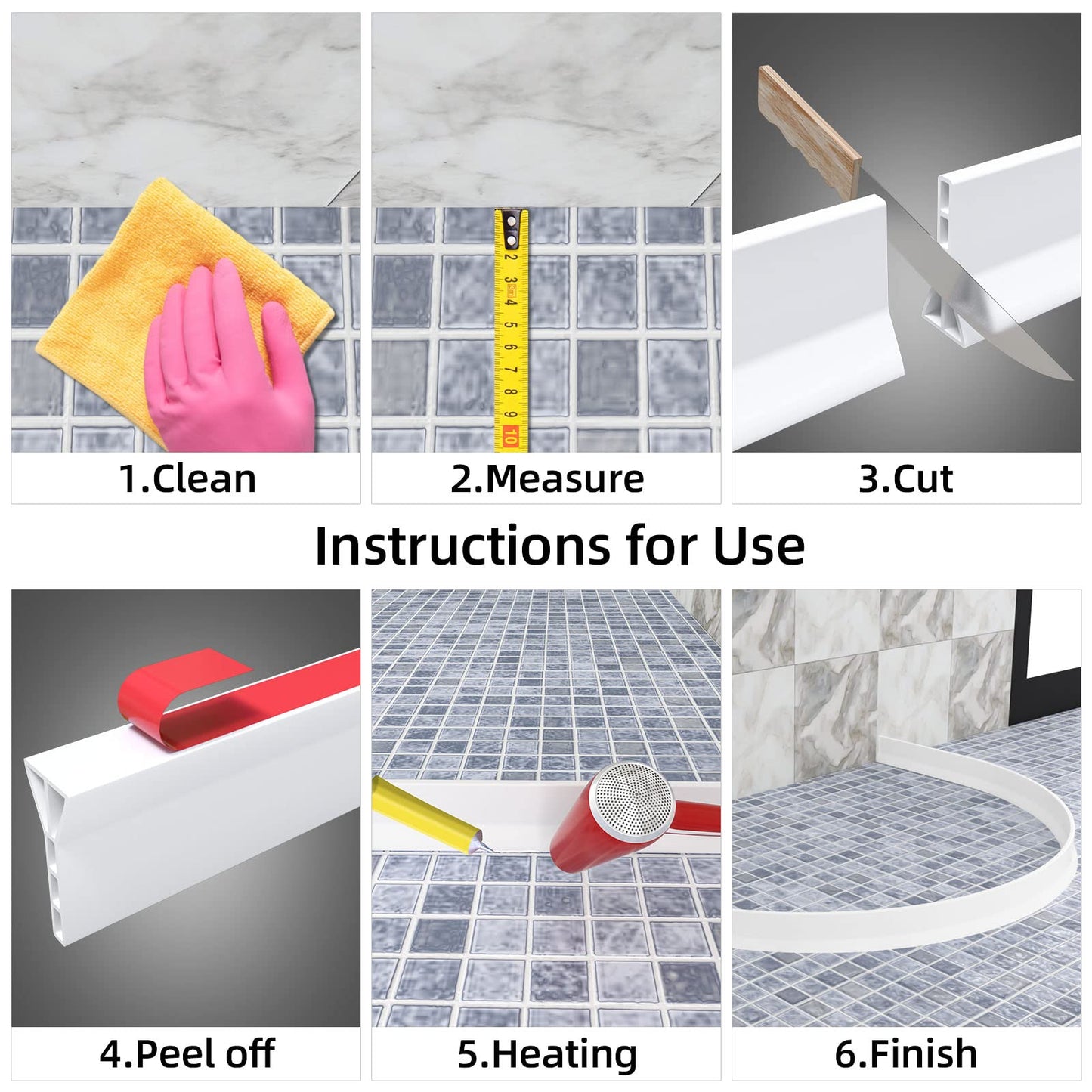 3" High Shower Threshold Water Dam 118 IN Collapsible Shower Water Splash Guard for Curbless Shower Threshold Barrier Water Stopper for Wet and Dry Separation Bathroom and Kitchen (White)