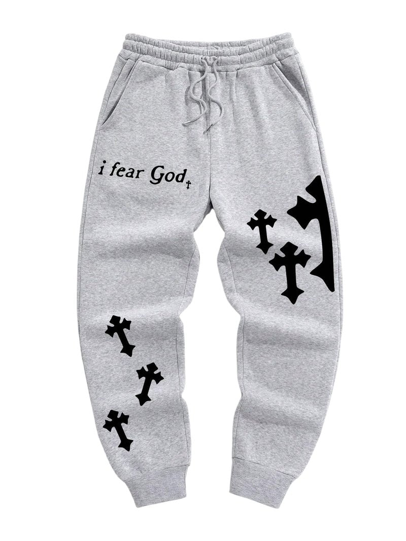 WDIRARA Men's Letter Cross Print Jogger Pants Drawstring Waist Sweatpants with Pockets Light Grey Medium