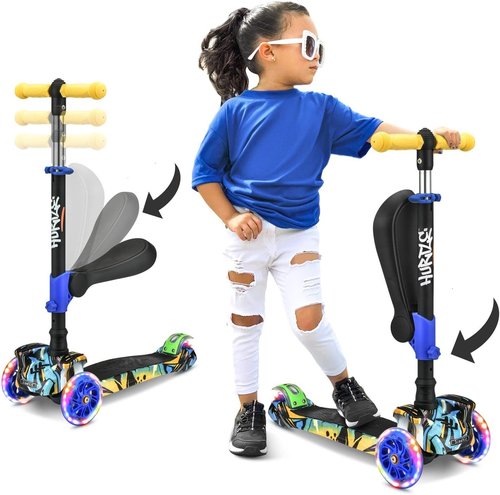Hurtle Kids Scooter - Foldable 3-Wheel Kick Scooter with Adjustable Height & Flashing Lights | For Ages 1-12
