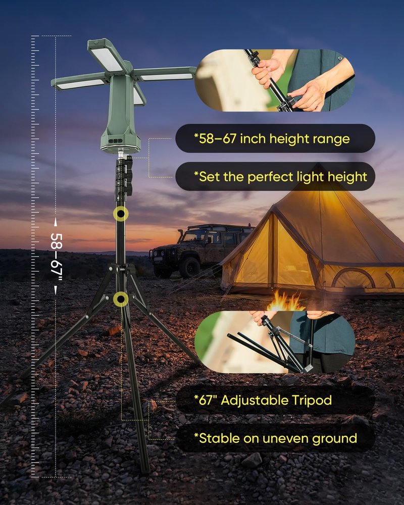 SakerNeo Portable Camping Light with Stand 67'' Rechargeable Work Light - 6500Lumen, 20000mAh Battery, 2700K-6000K Dimmable Camping Lattern with Magnetic Base for Camping, Garage, Emergency