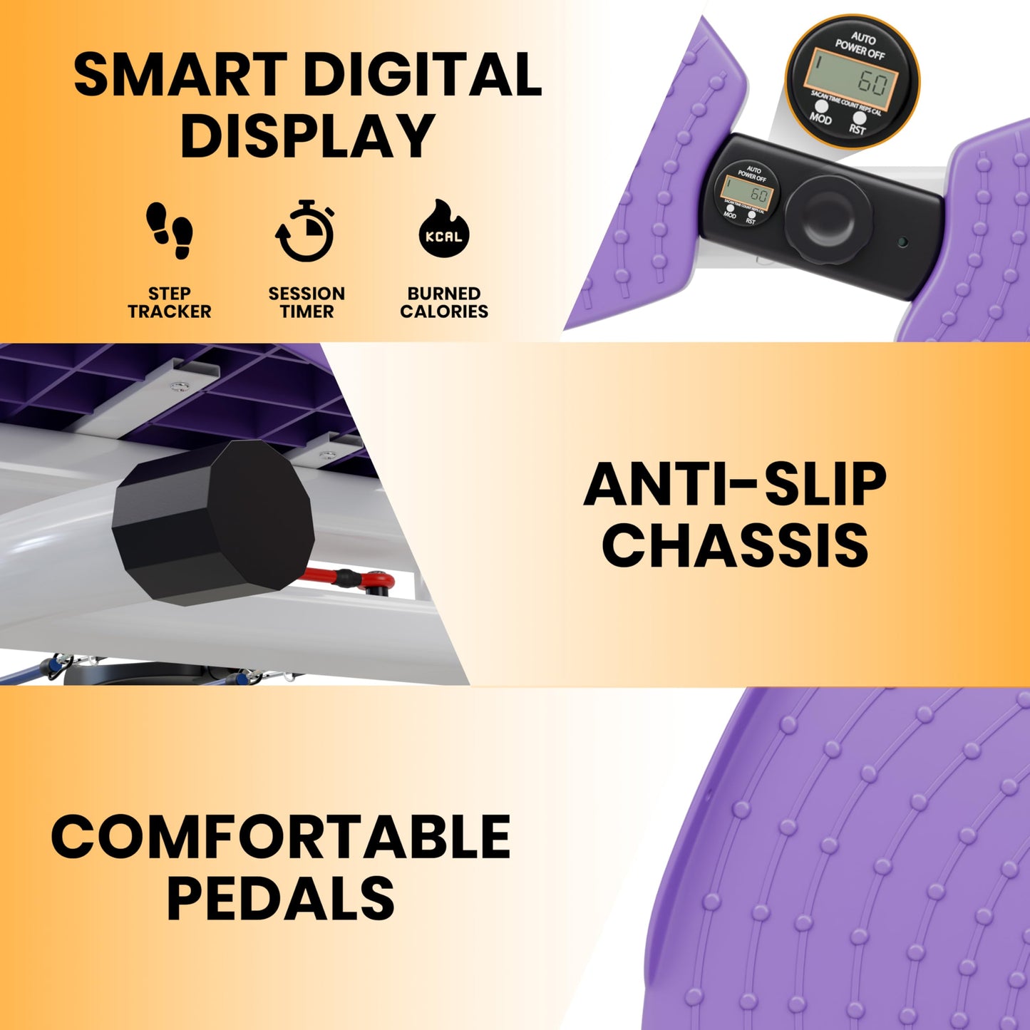 Ronai Waist Twister Machine with Resistance Bands – Adjustable Ab Twister Board for Home Fitness, Dual Pedals, Quiet Rotation, Tracks Time/Reps/Calories, 300 Lbs Capacity (Purple)
