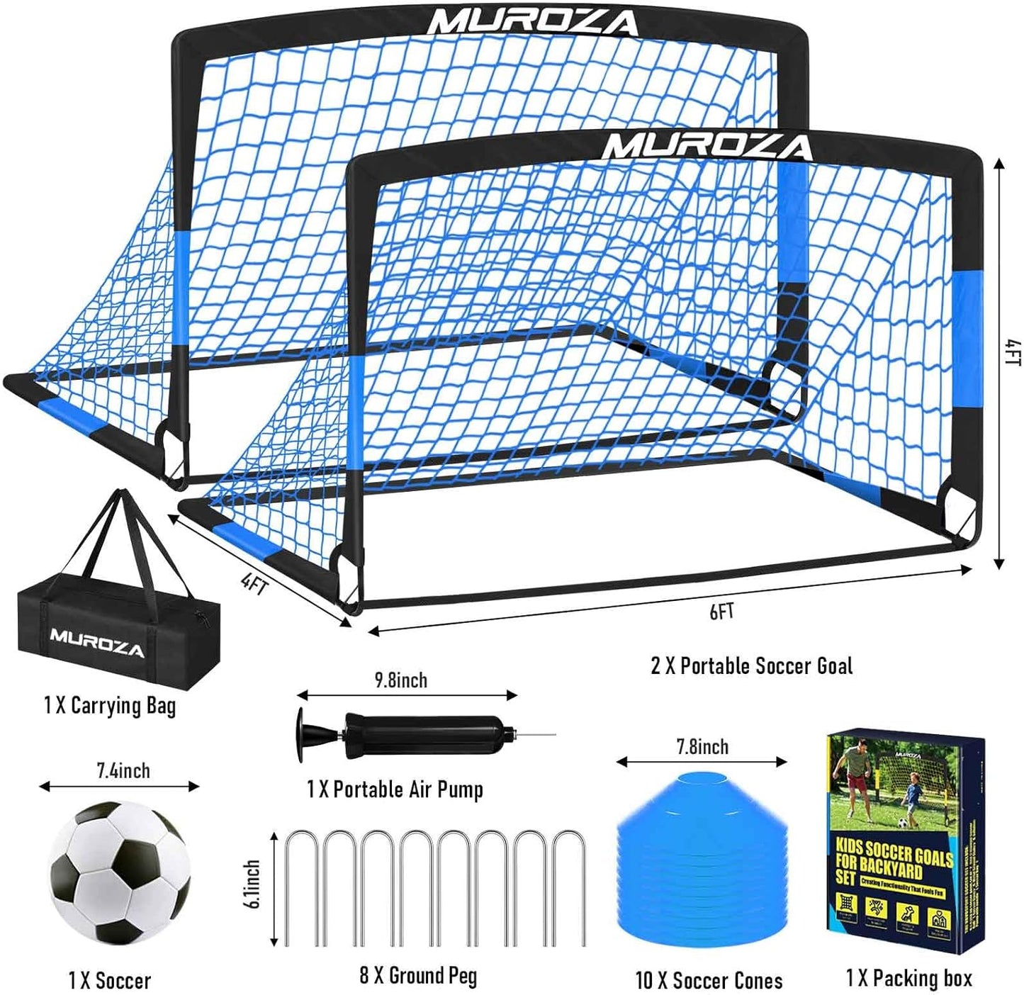 Soccer Goal | Skiennix Kids Soccer Goals Set - 2 Pack Portable Pop-Up Nets with Ball & Cones for Youth Training