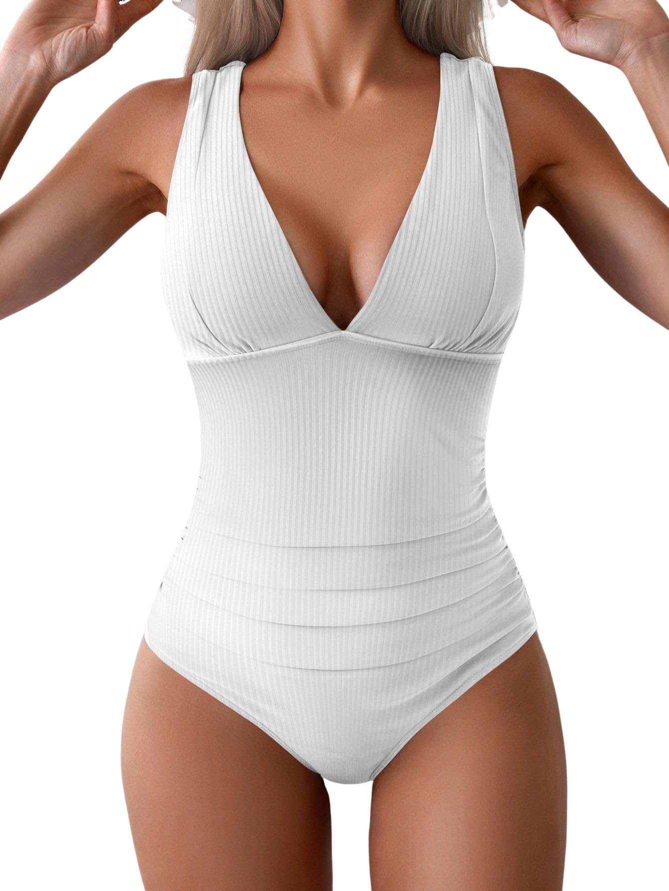 Eomenie One Piece Swimsuit for Women Tummy Control Plunge V Neck Bathing Suit Slimming Wide Straps Swimwear