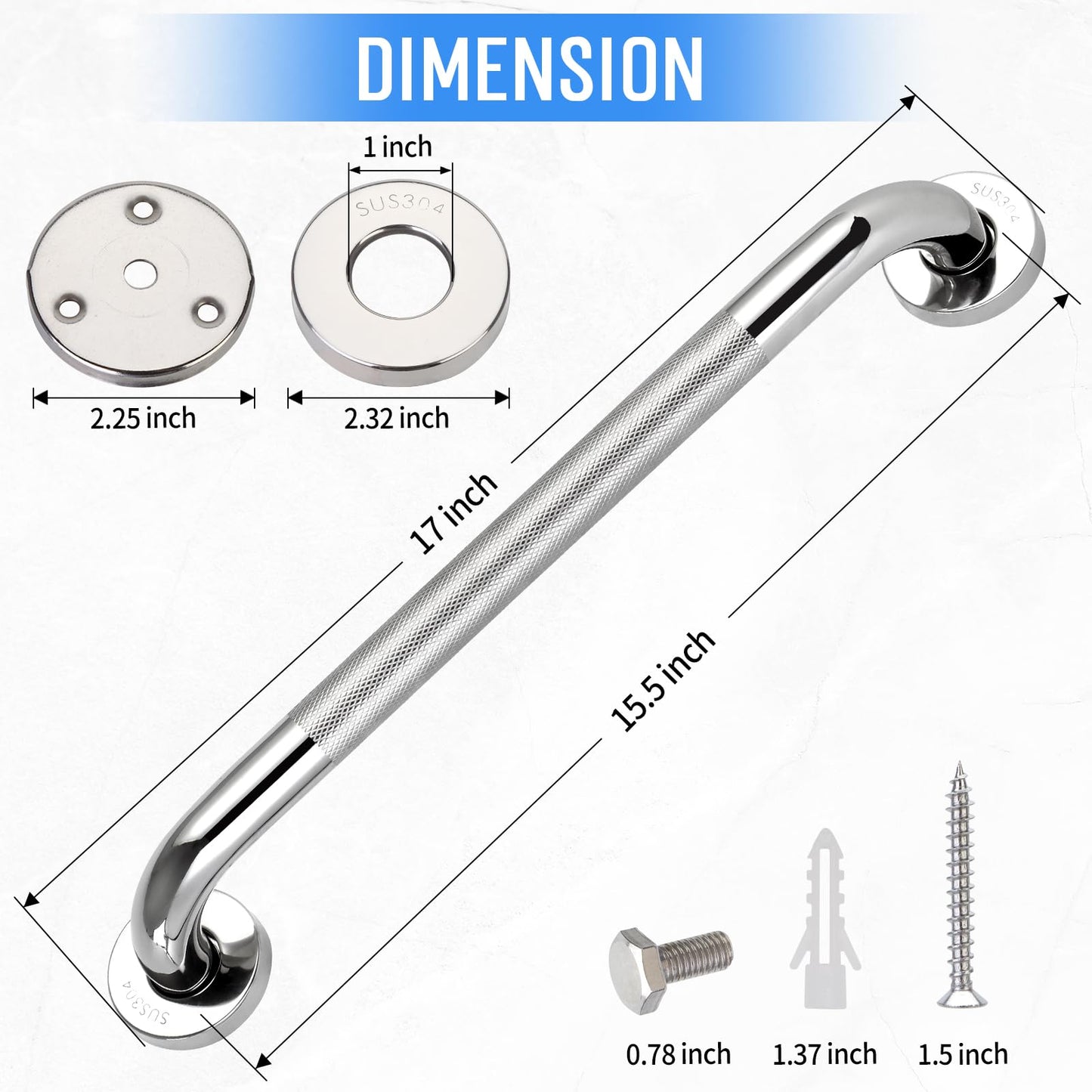 2 PCS Shower Grab Bars for Seniors, 16 Inch Anti Slip Shower Handle, Stainless Steel Bathroom Balance Bar, Safety Hand Rail Support, Assist Bath Handrails for Handicap, Elderly, Pregnant