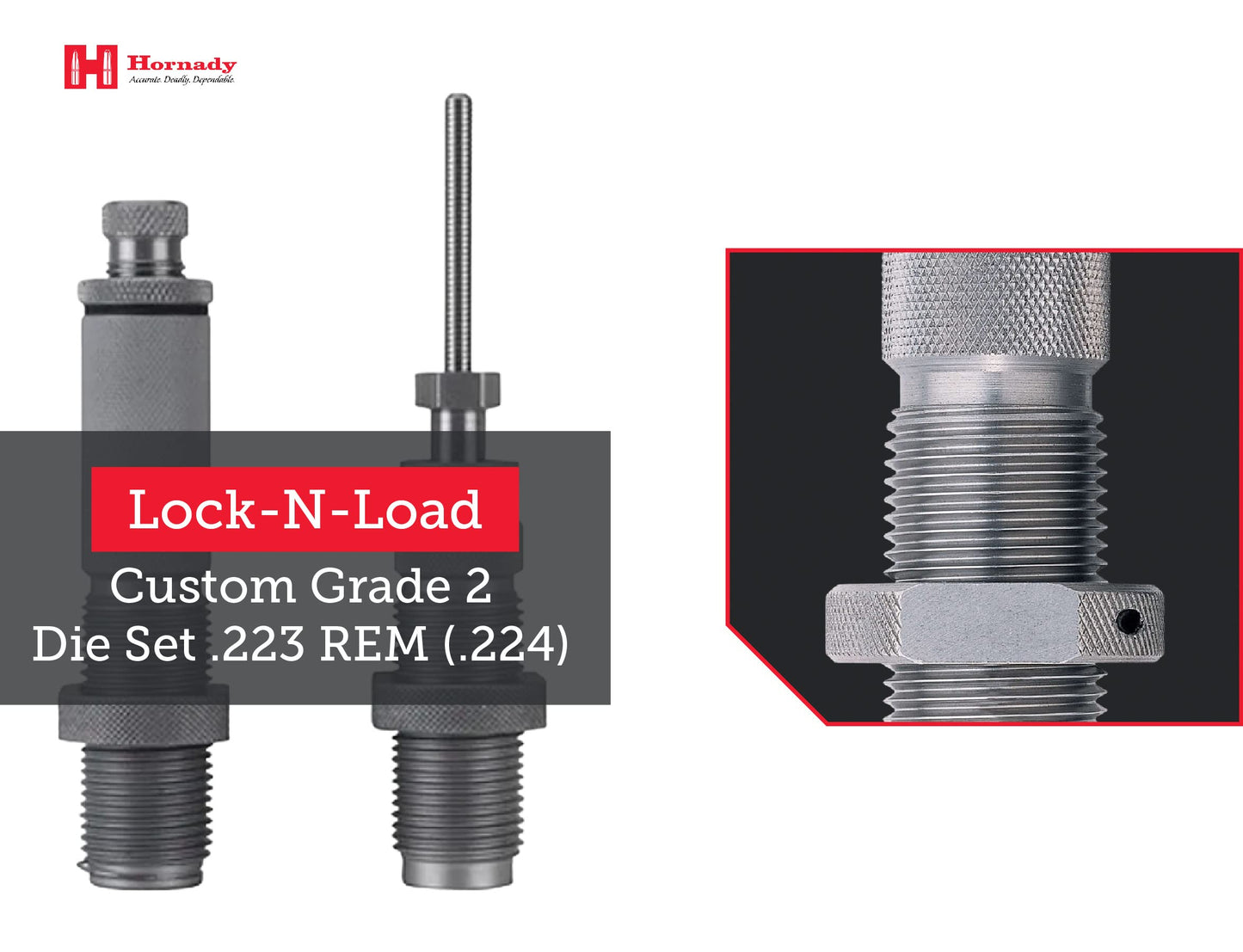 Hornady Custom Grade New Dimension 2-Die Set, 223 REM (.224) (546228) - Caliber Specific Reloading Equipment for Handloaders with Full Length Sizer Die, Seating Die, Sure-Loc Rings, & Storage Box