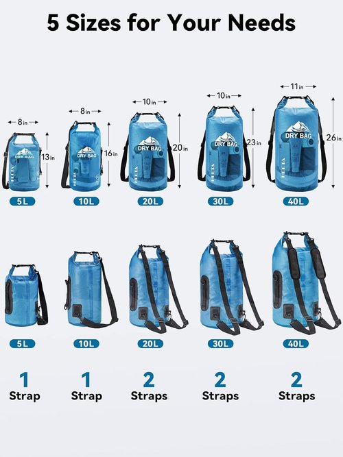 HEETA Waterproof Dry Bag - Transparent Blue 5L with 2-Pack Waterproof Pouches & Adjustable Waist Strap (Black & Pink)
