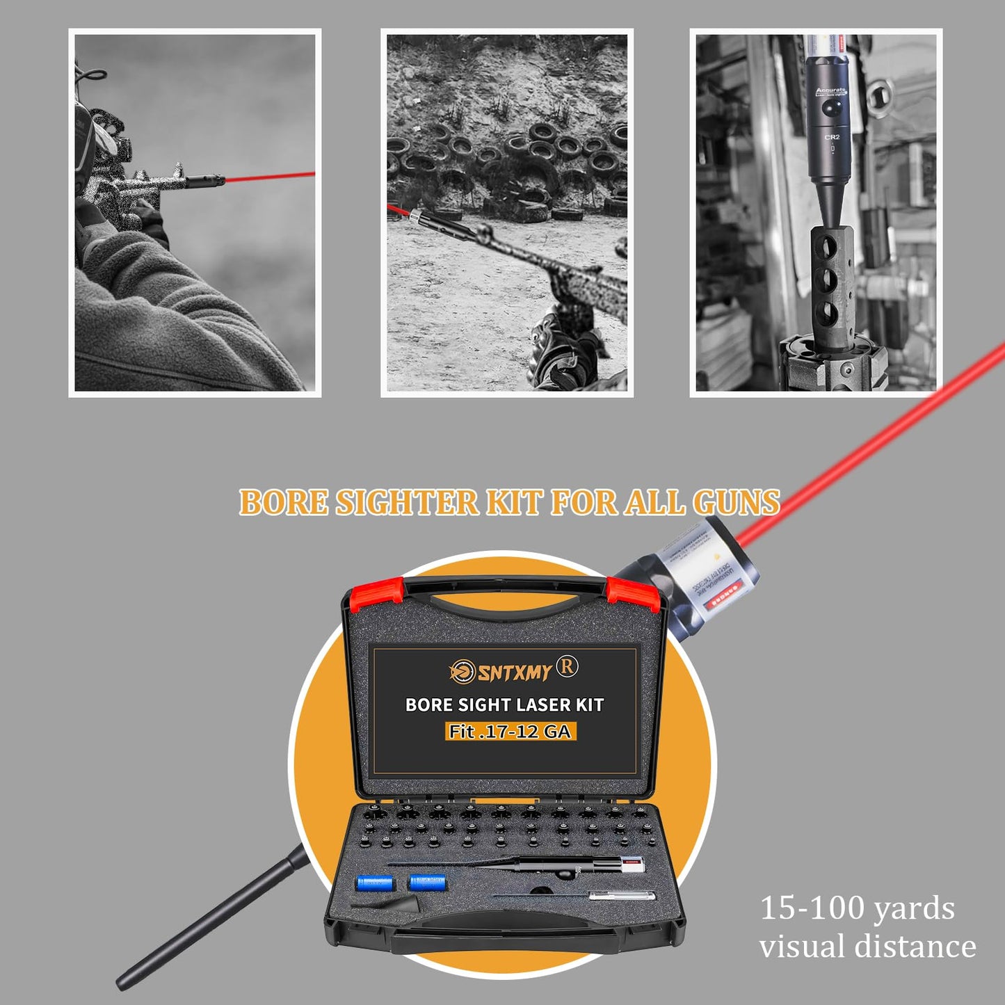 Red Bore Sight Laser Kit,Laser bore sighter with 32 Adapters for .17 HMR to 12GA Calibers.