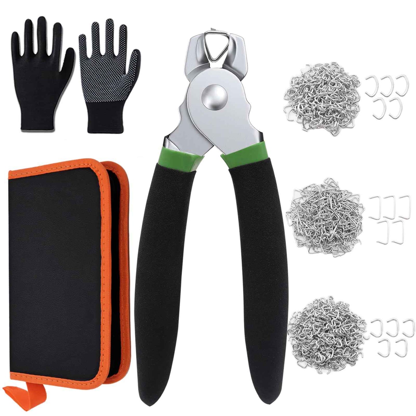 Ruibapa 620 Pcs Hog Rings with Straight Hog Ring Pliers Kit with Leather Tool Kit, 3/4" 1/2" 3/8 "Galvanized Hog Rings for Animal Pet Cages、Ropes、Bagging、DIY Craft、Furniture