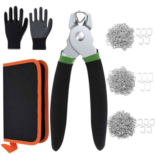 Ruibapa 620 Pcs Hog Rings with Straight Hog Ring Pliers Kit with Leather Tool Kit, 3/4" 1/2" 3/8 "Galvanized Hog Rings for Animal Pet Cages、Ropes、Bagging、DIY Craft、Furniture