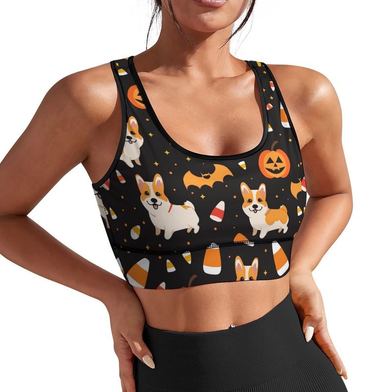 AuHomea Halloween Pumpkins Cute Corgi Womens Sports Bra Padded Workout Slimming Tank Tops for Women with Built in Bra U Neck Fitness XL Size Running Yoga Top