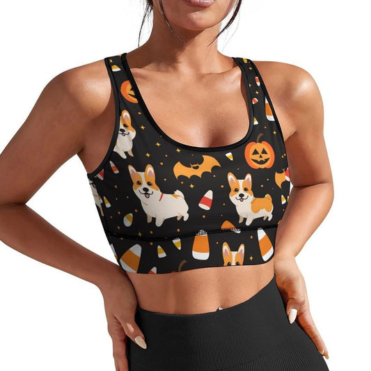 AuHomea Halloween Pumpkins Cute Corgi Womens Sports Bra Padded Workout Slimming Tank Tops for Women with Built in Bra U Neck Fitness XL Size Running Yoga Top