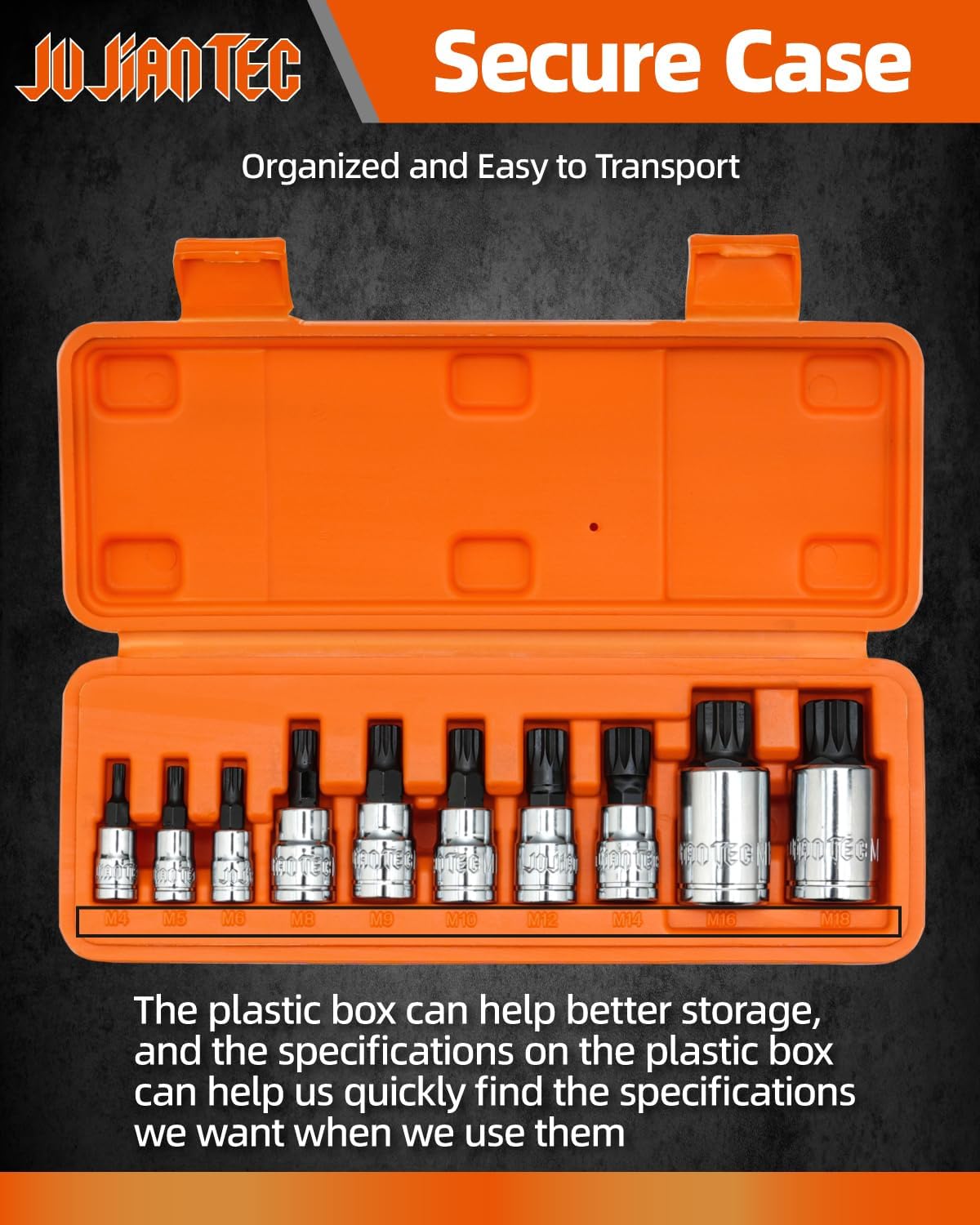 JU JIAN TEC XZN Triple Square Spline Bit Socket Set, 10 Piece, Metric sized, M4 - M18 Set, Premium chrome vanadium Alloy Steel, with Molded Case