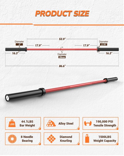 7ft Olympic Barbell for Home Gym, 45lb 2" Weight Bar for Deadlift Weightlifting, Bar, 1000 Lb High-Capacity, Hard Chrome, Knurled Grip, Strength Training Bench Press Squat Presses,Red & Black