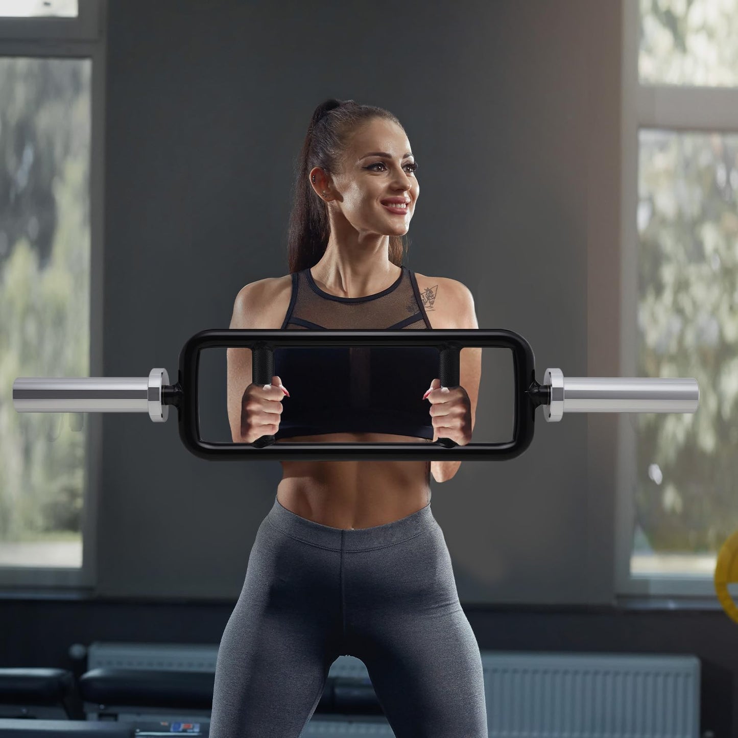 E.T.ENERGIC 34" Olympic Triceps Bar 500lbs Capacity Weight Barbell Bar Home Gym Weightlifting Exercise for Squats, Deadlifts,Shrugs, for 2" Olympic Plates, Sliver&Black