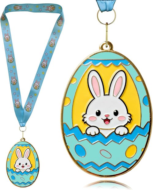 Gold Medals by Easter | 2.95-Inch Bunny Egg Shape Awards with Colorful Neck Ribbons for Egg Hunt Parties