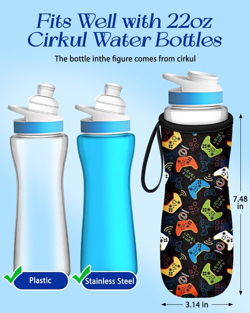 Toykee Water Bottle Sleeve for Cirkul 22 oz - Black Colorful Game Controller Funny Bottles Cover Holder Carrier Bag with Handle Strap