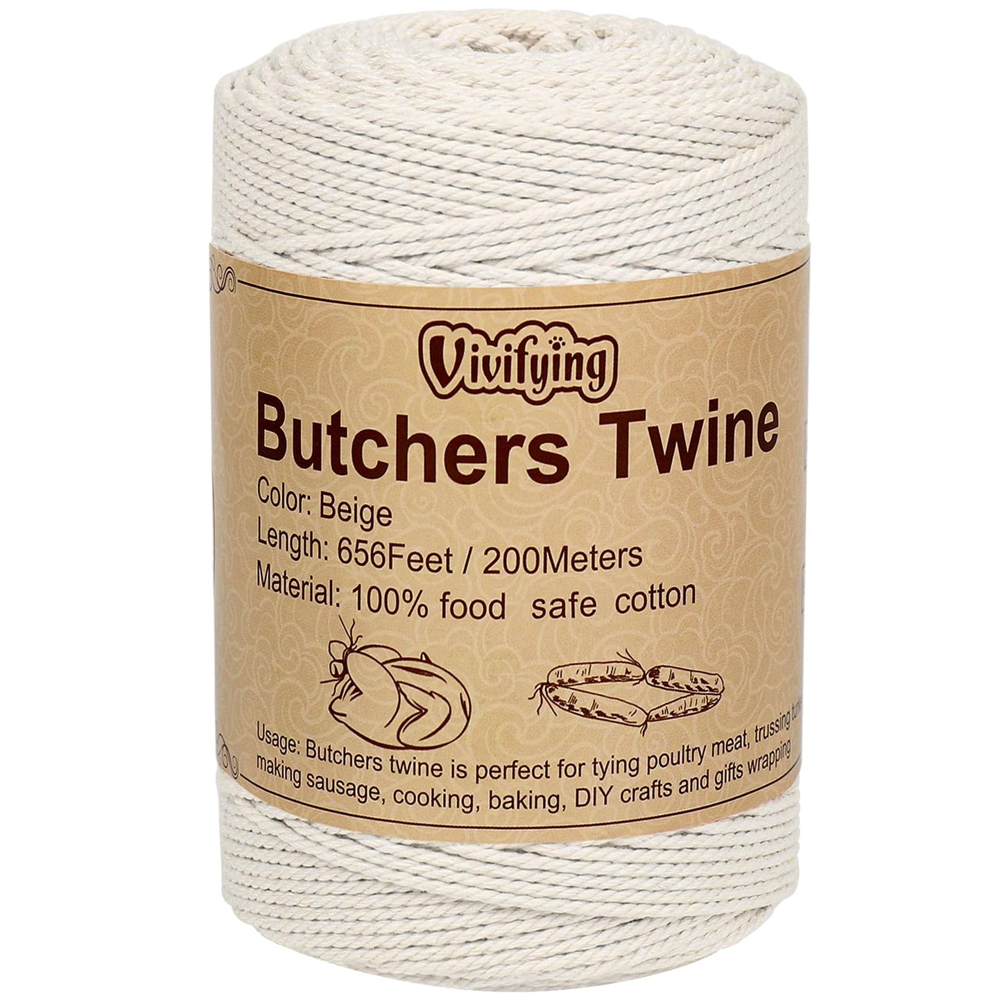 Vivifying Butchers Twine, 656 Feet 2mm Food Safe Cotton Bakers String for Tying Meat, Trussing Turkey, Making Sausage, Roasting, Cooking and Packing(Beige)