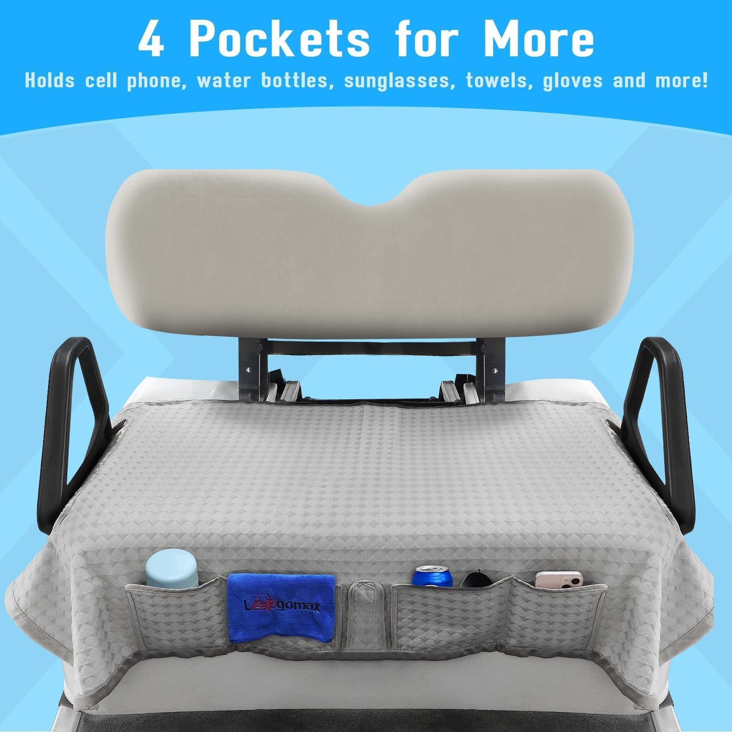LEAPGOMAX Golf Cart Seat Covers Cooling Ice Silk Golf Cart Seat Blanket for EZGO TXT RXV/Club Car DS Precedent Front Seat 4 Pockets Seat Blanket for 2-Person Seats, Keeps Seat Cool and Clean Gray