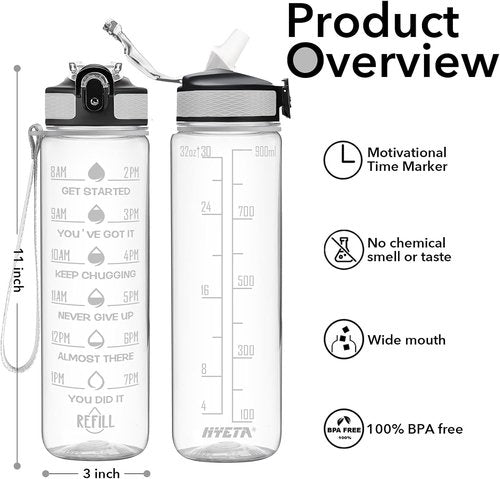 Hyeta 32 oz Motivational Water Bottle - Time Marker & Straw | Leakproof Fitness Hydration