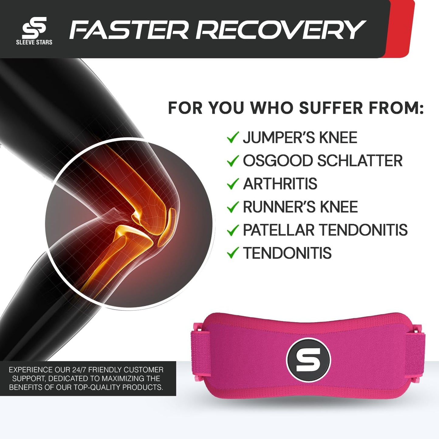 Sleeve Stars Patellar Tendon Support Strap - Effective Osgood Schlatter Knee Brace for Adults & Kids | Adjustable 12"-24" Hot Pink