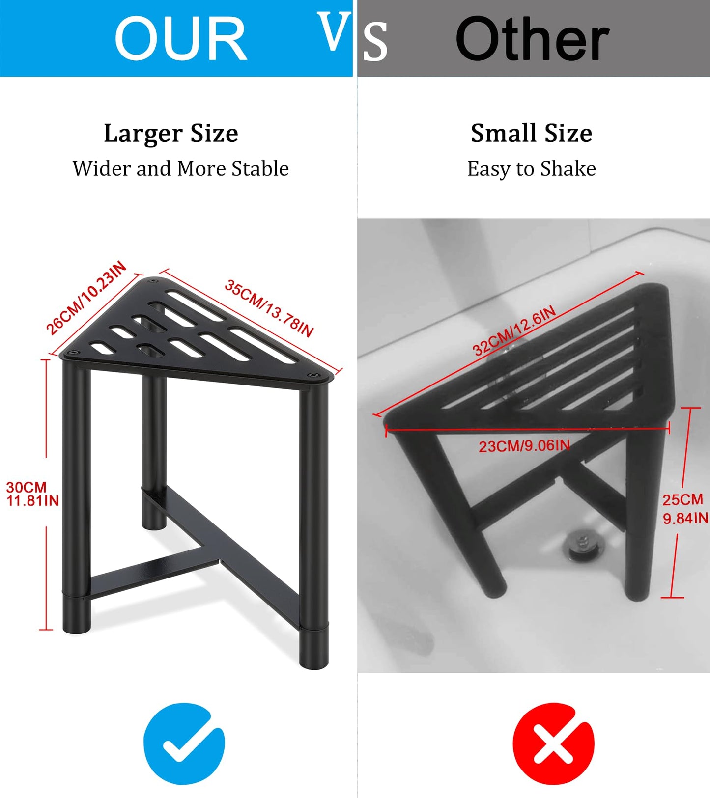 JIAPAIDUO Shower Stool for Inside Shower, 13.78" D Stainless Steel Shaving Foot Rest, Waterproof Corner Bench, Black Seat to Shave Legs with Rubber Cushion