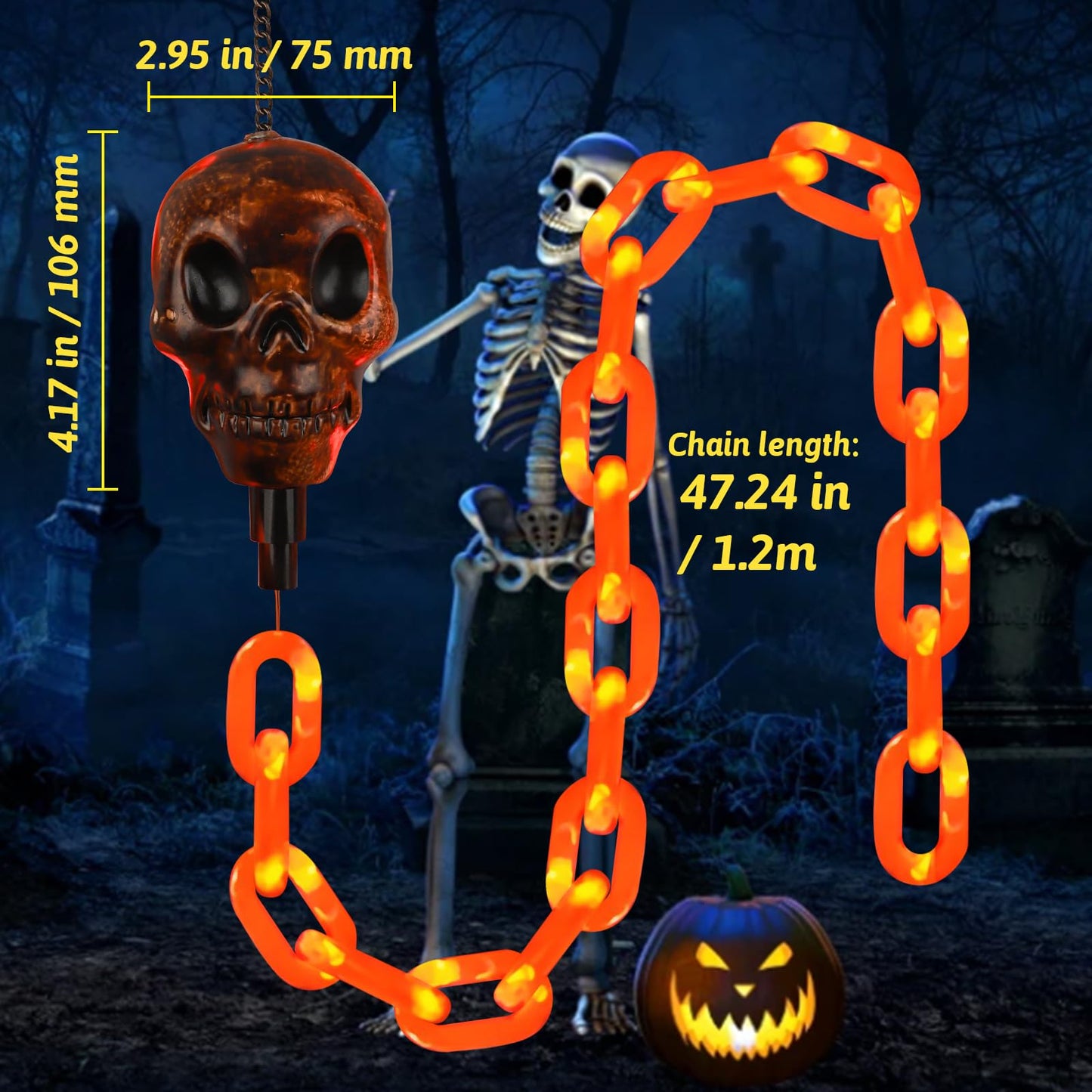 X-GiftKey Halloween Decorations Outdoor Solar Skull Chain Lights,Light up Scary Skull with Orange Props Chain,for Skeleton Dog,8 Modes Lighted Halloween String Lights for Yard/Patio,Creepy Party Decor