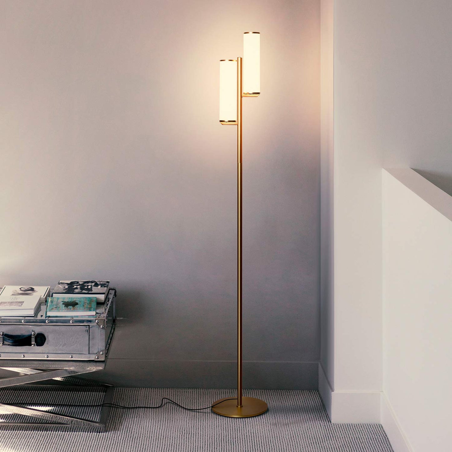 Brightech Gemini Dimmable Floor Lamp with Two Lights - Modern Tall Tree Lamp for Bedroom, Office, Living Room - Gold/Brass