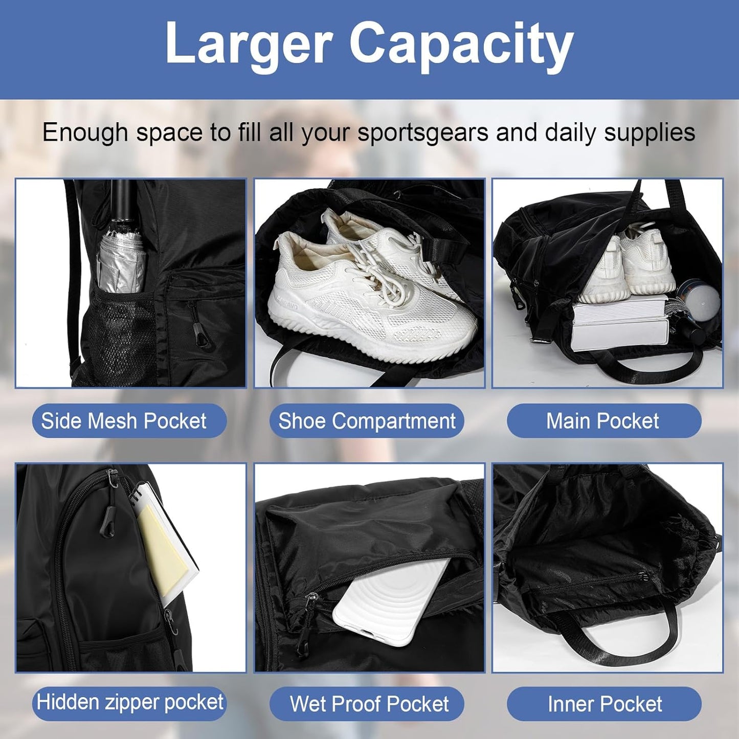 Skiennix Black Basketball Drawstring Backpack - X-Large Waterproof Gym Bag | Sports Bag with Mesh Pocket for Men & Women