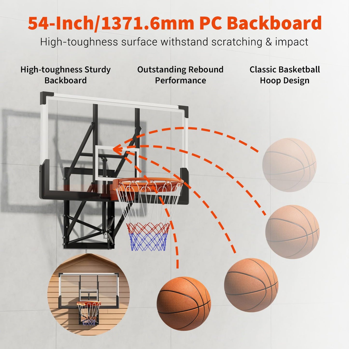 54" Wall Mounted Basketball Hoop 8-10 FT Adjustable Height PC Backboard