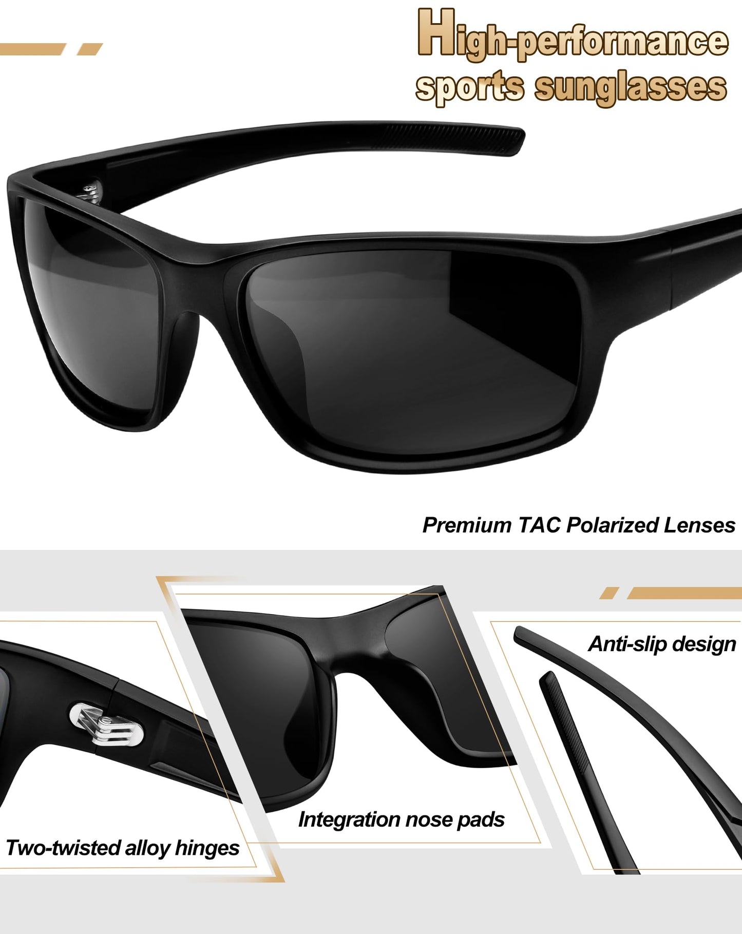 KANASTAL Square Sports Sunglasses Men Women Black Polarized UV Sunglasses