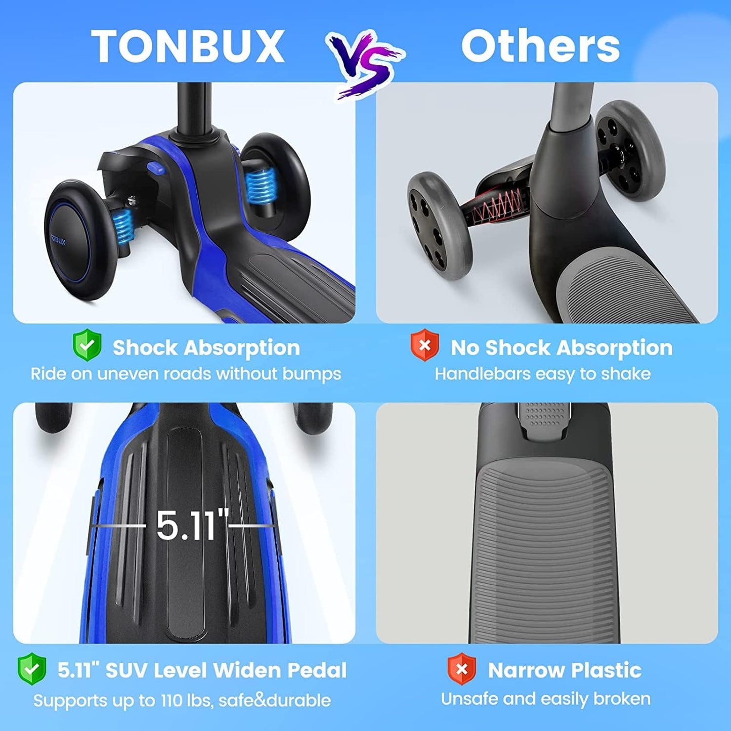 TONBUX Kids Scooter - Adjustable Height, Light-Up 3-Wheel Design | Shock Absorption & Balance Training for Ages 3-12