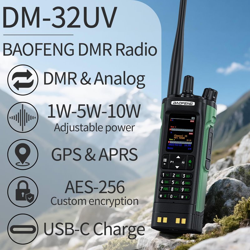 BAOFENG DM32 Dmr Radio,DM-32 Handheld Radio with USB-C Charging, GPS, 10W Long Range DM32UV Walkie Talkie for Emergency Rescue & Outdoor Sports (1Pack Green+Dual Section Antenna+Radio Holster)