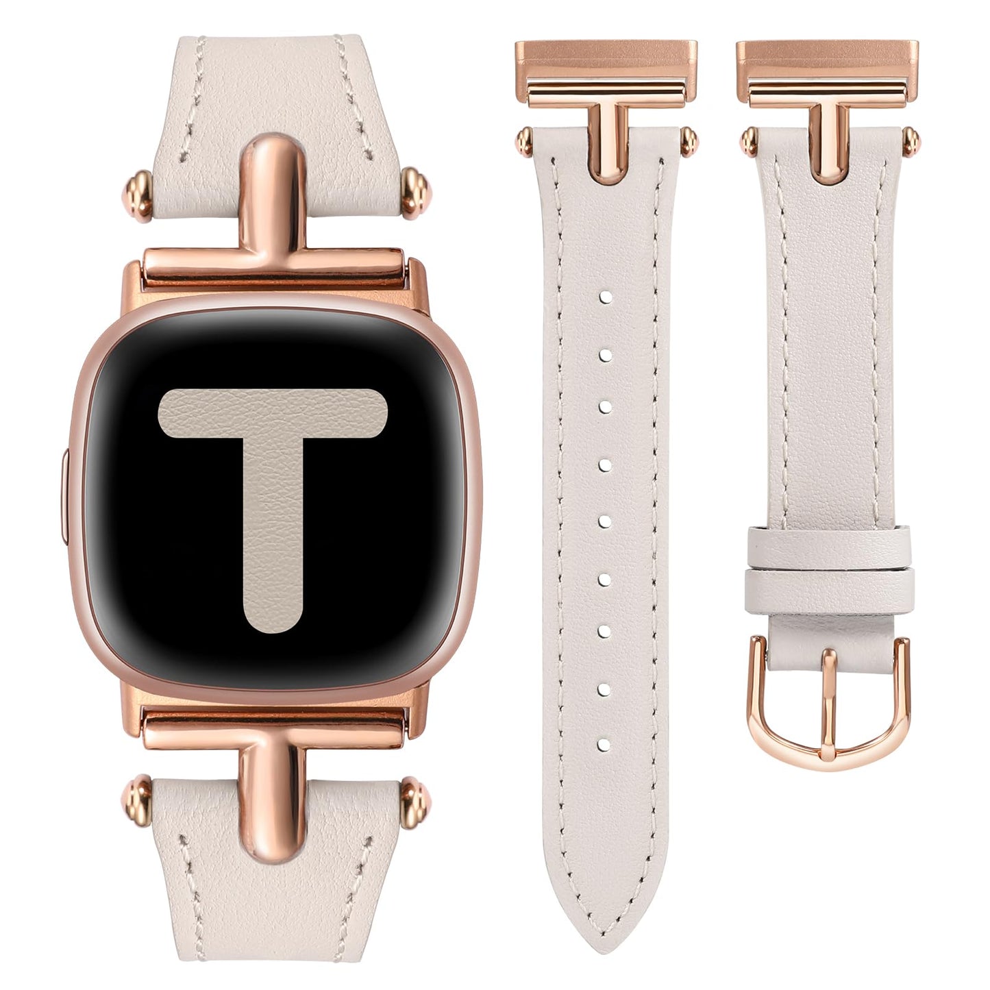 Wearlizer Leather Band Compatible with Fitbit Versa 4 Bands for Woman/Versa 3/Sense 2/Sense Bands Women, Dressy Designer T-Shape Metal Buckle Leather Strap