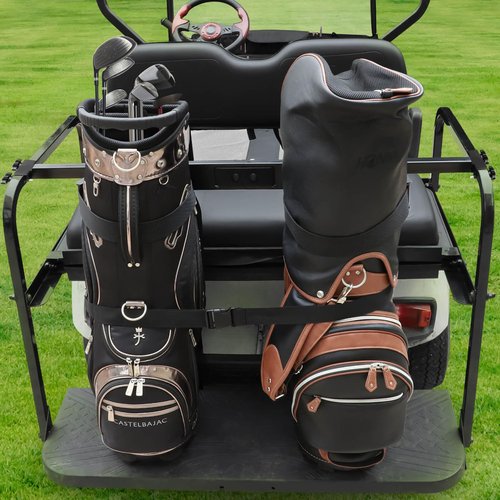 LEAPGOMAX No Drilling Golf Cart Bag Holder Bracket for 2+2 Golf Cart Rear Seat with 1 Inch Square Tube, Universal Golf Bag Attachment Adjustable for EZGO Club Car Yamaha Golf Carts